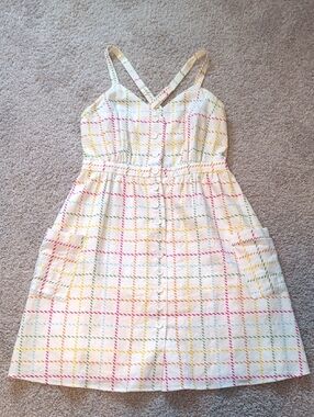 Modcloth Cream Vintage Plaid Button-Front Sundress